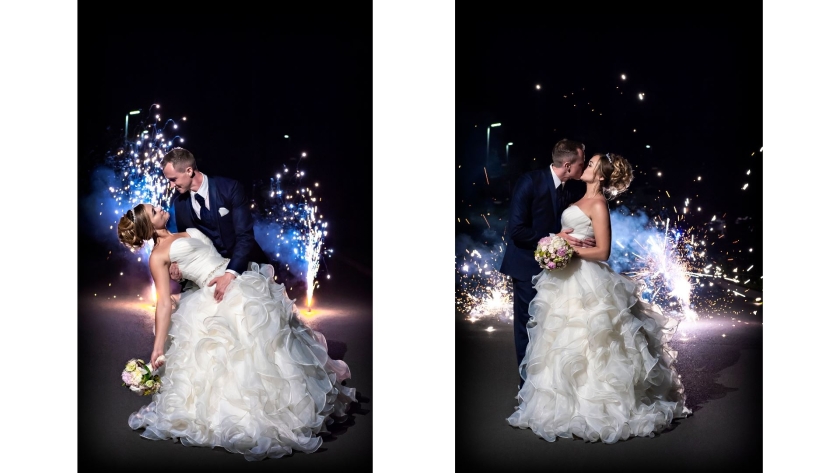 Ein Brautpaar mit Feuerwrk im Hintergrung als Fotocollage